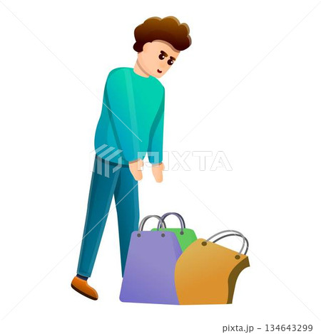 Sad man take shopping bags icon, cartoon style 134643299