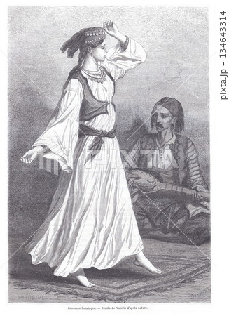 Bosnian Dancer in Traditional White Dress with Belt and Headdress Performing While Lute Player Watches Bosnian Dancer in Traditional White Dress with Belt and Headdress Performing While Lute Player Watches 134643314
