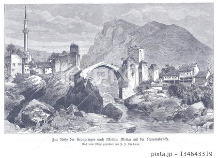 Historic Mostar Stone Bridge Over the Neretva River With Rocky Hills and Medieval Town Scenery 134643319