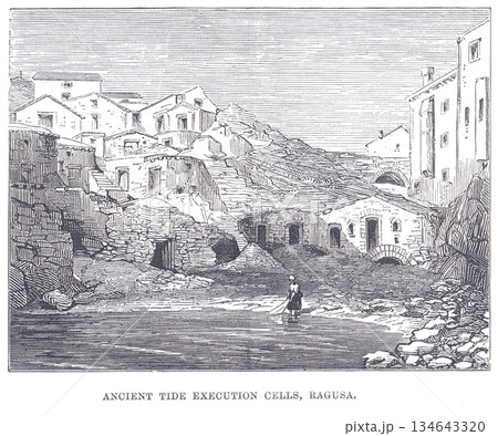 Ancient Tide Execution Cells in Ragusa: A Rocky Harbor Scene of Historic Architecture Ancient Tide Execution Cells in Ragusa: A Rocky Harbor Scene of Historic Architecture 134643320