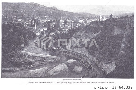 Historic Sarajevo City Scene With River Bend, Hillside Buildings And Old Town Charm Historic Sarajevo City Scene With River Bend, Hillside Buildings And Old Town Charm 134643338