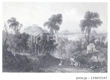 Historic Landscape With Soldiers on Path Toward Ruins and Hilltop Temple in Lush Forest Historic Landscape With Soldiers on Path Toward Ruins and Hilltop Temple in Lush Forest 134643347