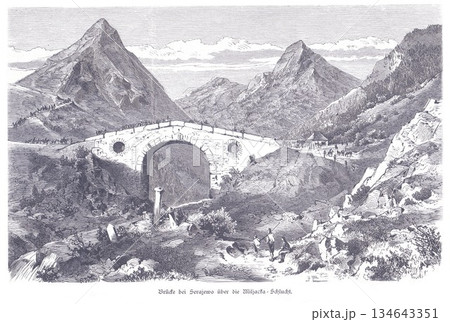 Historic Stone Arch Bridge Over the Miljacka River Near Sarajevo in a Scenic Mountain Landscape, Engraving Style Historic Stone Arch Bridge Over the Miljacka River Near Sarajevo in a Scenic Mountain Landscape, Engraving Style 134643351