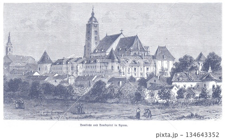 Monastery Complex Overlooking Village With Tower, Church, And Fields — Historical Engraving Scene From Old Europe 134643352