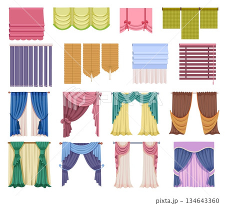Elegant curtain and drapery for window decor in modern classic living room. Luxury fabric and stylish cornice. Flat vector illustration for home interior design, silk drape and decorative elements Elegant curtain and drapery for window decor in modern classic living room. Luxury fabric and stylish cornice. Flat vector illustration for home interior design, silk drape and decorative elements 134643360