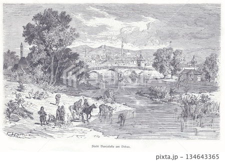 Historic BanjaLuka Scene By Vrbas River With Bridge, People, and Townscape Sketch 134643365