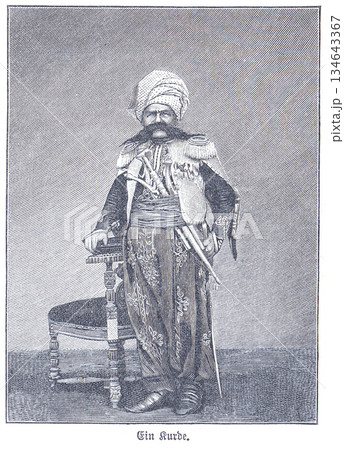 Turkish / Kurdish Nobleman in Traditional Dress with Turban and Sword, Standing Beside a Chair – Historic Portrait of Culture, Fashion and Heritage Turkish / Kurdish Nobleman in Traditional Dress with Turban and Sword, Standing Beside a Chair – Historic Portrait of Culture, Fashion and Heritage 134643367