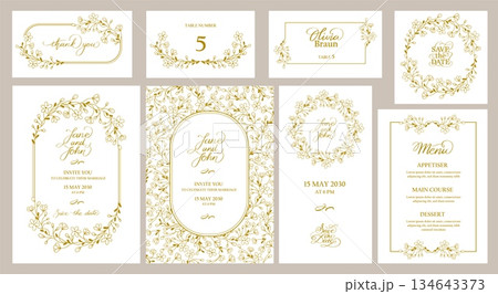 Elegant wedding invitation card with vintage floral border, romantic botanical design. Beautiful vector template with leaves and flowers, foliage pattern for ceremony menu, celebration banner Elegant wedding invitation card with vintage floral border, romantic botanical design. Beautiful vector template with leaves and flowers, foliage pattern for ceremony menu, celebration banner 134643373