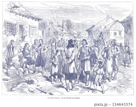 Historic Village Street Scene With People Gathering In A Mountain Town, 19th Century Style 134643374
