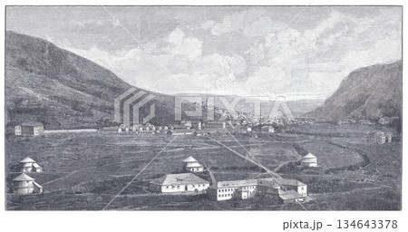 Historic Mostar Valley Panorama: Rural Village And Hillside Settlement Shown In Classic Engraving Style Historic Mostar Valley Panorama: Rural Village And Hillside Settlement Shown In Classic Engraving Style 134643378