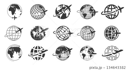 Global travel and airline logistics icons. Plane flying around Earth for worldwide flight international communication. Vector set with map, location, GPS pin. Transport, deliver globe pictogram Global travel and airline logistics icons. Plane flying around Earth for worldwide flight international communication. Vector set with map, location, GPS pin. Transport, deliver globe pictogram 134643382