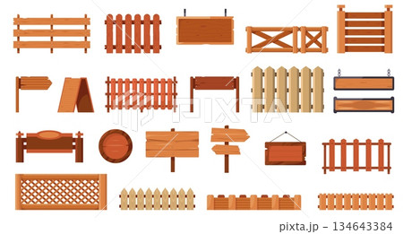 Wooden sign board. Cartoon empty wood panel arrow pointer, vintage blank timber plaque game UI elements, rustic hanging game banners. Vector isolated set 134643384