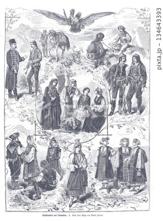 Dalmatian Folk Costumes In Mountain Landscape With People In Traditional Dress And Scenes 134643393