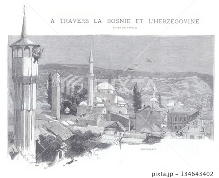 A Panoramic View Across Sarajevo's Old Town With Minarets and Dome, Bosnia and Herzegovina 134643402