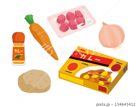 カレーの素材セットのイラスト カレーの素材セットのイラスト 134643412