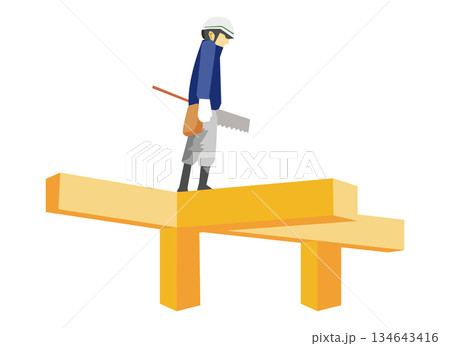 木の柱の上を歩く大工さんのイラスト 134643416