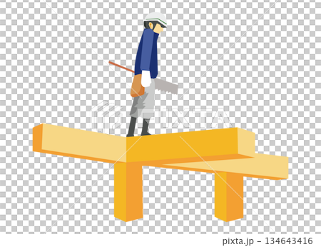 木の柱の上を歩く大工さんのイラスト 134643416