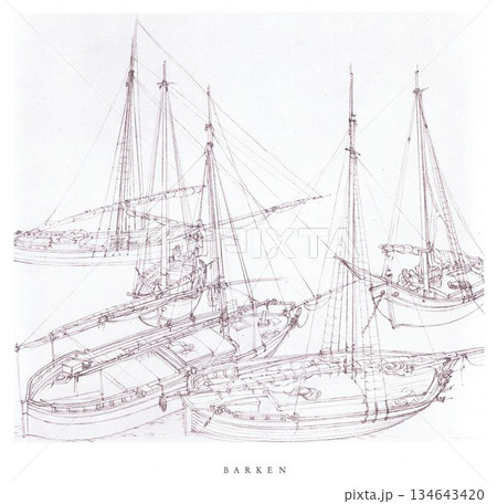 Historic Sailing Ships Sketch With Masts And Rigging At Harbor—Barken Illustration Historic Sailing Ships Sketch With Masts And Rigging At Harbor—Barken Illustration 134643420