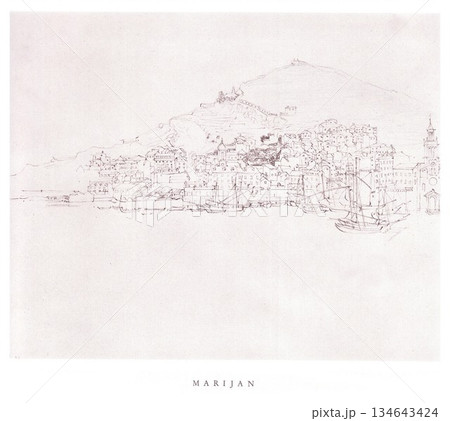 Sketch Of Split: A Coastal Croatian Town With Boats, Hill, And Historic Fortifications Sketch Of Split: A Coastal Croatian Town With Boats, Hill, And Historic Fortifications 134643424