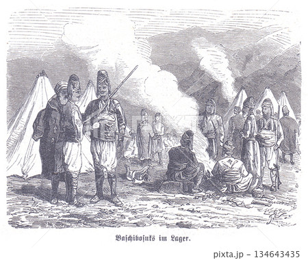 Historical Military Camp Scene With Soldiers, Tents, and Campfire During Winter Expedition 134643435
