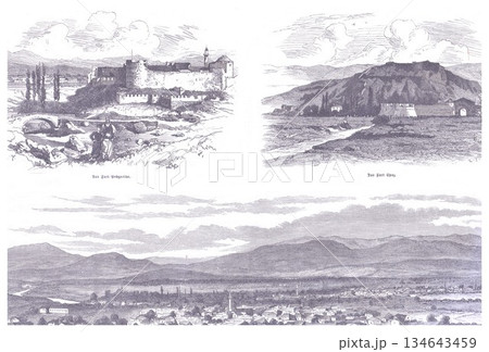 Historic Fortress and Mountain Village Panorama: Three Engraved Panels of Ancient Townscapes Historic Fortress and Mountain Village Panorama: Three Engraved Panels of Ancient Townscapes 134643459