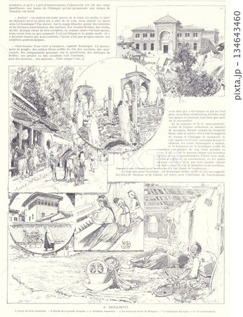 Historic Sarajevo Collage Featuring Streets, Mosque, Market Scene, and Daily Life in Vintage Illustration Historic Sarajevo Collage Featuring Streets, Mosque, Market Scene, and Daily Life in Vintage Illustration 134643460