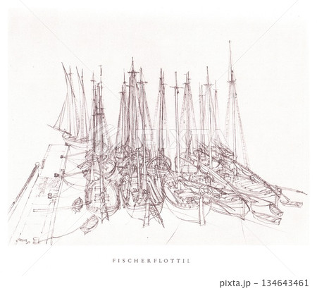 Fischerflottille: A Detailed Sketch of a Dense Fleet of Sailing Ships at the Harbor Fischerflottille: A Detailed Sketch of a Dense Fleet of Sailing Ships at the Harbor 134643461