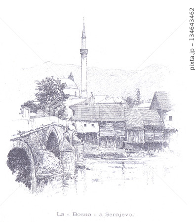 Historic Bosnian Town Scene in Sarajevo With Bridge, Minaret, and Traditional Houses Historic Bosnian Town Scene in Sarajevo With Bridge, Minaret, and Traditional Houses 134643462