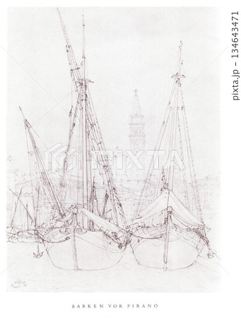 Harbor Scene With Tall Masts and Sketch of Barken Vor Pirano Boats at Piran 134643471
