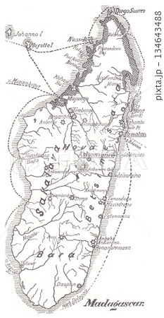 Antique Historical Map Of Madagascar With Coastline, Mountains, Rivers, Inland Regions And Island Geography Antique Historical Map Of Madagascar With Coastline, Mountains, Rivers, Inland Regions And Island Geography 134643488
