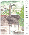 Charming Alpine Village Scene With Tall Clock Tower And Sloped Roofing, Watercolor Artwork Of Pastoral Landscape Charming Alpine Village Scene With Tall Clock Tower And Sloped Roofing, Watercolor Artwork Of Pastoral Landscape 134643499