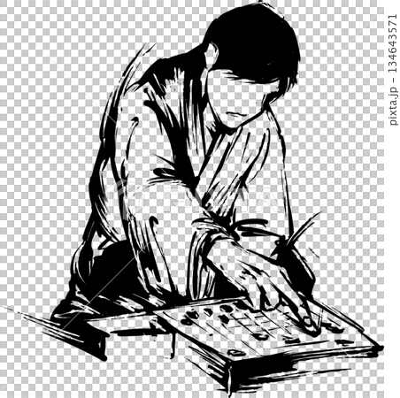 Sumi-e illustration of a person playing shogi 134643571