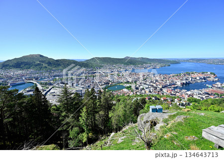 フロイエン山展望台からフィヨルド観光の玄関口ベルゲンの街並み フロイエン山展望台からフィヨルド観光の玄関口ベルゲンの街並み 134643713