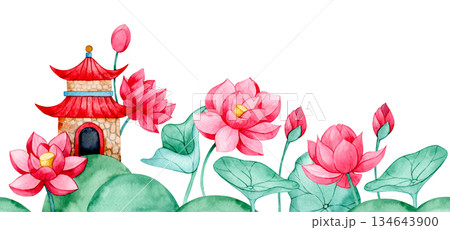 Watercolor illustration in Asian style. Seamless border with pagoda and lotus. Cute frame for kids. Watercolor illustration in Asian style. Seamless border with pagoda and lotus. Cute frame for kids. 134643900