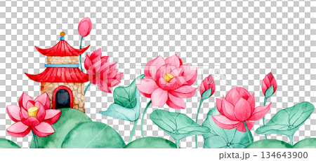 Watercolor illustration in Asian style. Seamless border with pagoda and lotus. Cute frame for kids. 134643900