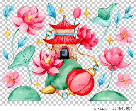 set of cute Asian illustrations. Pagoda, lotus, and lantern. Watercolor clip art 134643904