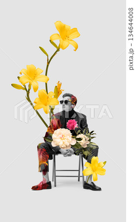 Fashion artwork of seated man surrounded by yellow flowers. Fashion artwork of seated man surrounded by yellow flowers. 134644008