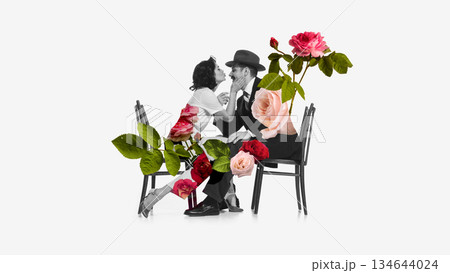 Editorial artwork of vintage couple with floral collage. 134644024