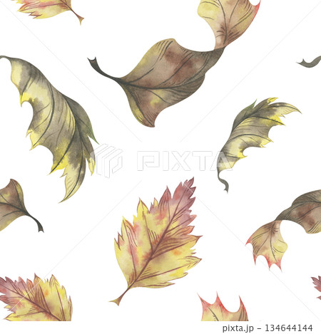 Autumn dry leaves seamless pattern. Hand-drawn watercolor illustration. Perfect for seasonal design, fabric prints, and fall-themed projects 134644144