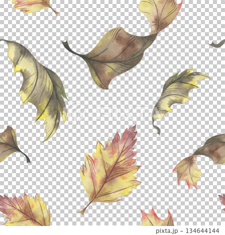 Autumn dry leaves seamless pattern. Hand-drawn watercolor illustration. Perfect for seasonal design, fabric prints, and fall-themed projects 134644144