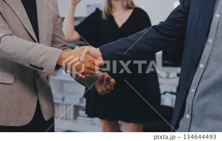 Meeting, partnership and business people shaking hands in the office for a deal, collaboration or onboarding. Diversity, professional and employees with handshake for agreement, welcome or greeting. Meeting, partnership and business people shaking hands in the office for a deal, collaboration or onboarding. Diversity, professional and employees with handshake for agreement, welcome or greeting. 134644493