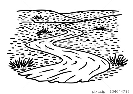 Winding river through arid desert landscape with sparse vegetation and hills hand drawn nature illustration, AI Generative Winding river through arid desert landscape with sparse vegetation and hills hand drawn nature illustration, AI Generative 134644755