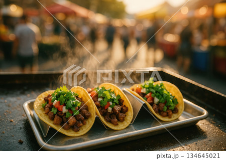 Freshly prepared beef tacos garnished with cilantro and tomato served at an outdoor market with a lively atmosphere, AI Generative 134645021