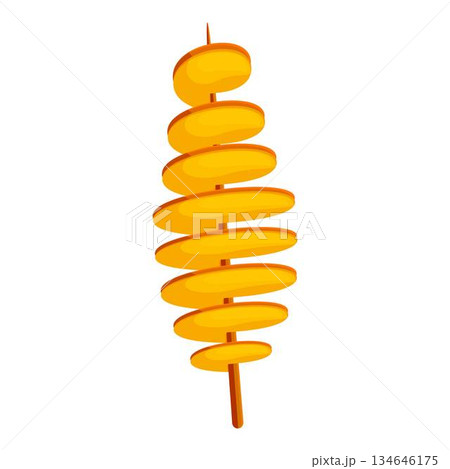 Tornado potato skewered on wooden stick rotating appetizingly Tornado potato skewered on wooden stick rotating appetizingly 134646175
