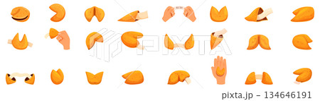 Fortune cookie icons set. Fortune cookie set with hand holding prediction paper and gesture icons set cartoon style Fortune cookie icons set. Fortune cookie set with hand holding prediction paper and gesture icons set cartoon style 134646191