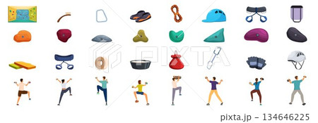 Bouldering gym icons set. People climbing up artificial wall at gym using special equipment set 134646225