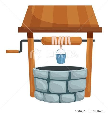 Old stone water well with wooden roof and metal bucket hanging on rope 134646232