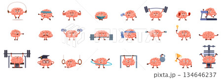 Train brain icon set. Brain training and exercising for healthy mind, cartoon brains engaging in various physical activities 134646237