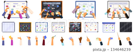 Scrum board icons set. Business team planning project using agile methodology, scrum task board with sticky notes 134646239