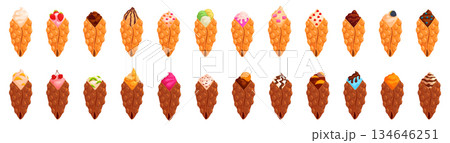 Hong kong waffle icons set. Set of bubble waffles with different toppings being served on white background Hong kong waffle icons set. Set of bubble waffles with different toppings being served on white background 134646251